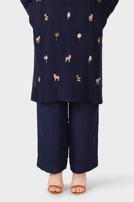 Laite_Blue Silk Embroidery Bandeau Neck Floral Resham Kurta Pant Set _Online_at_Aza_Fashions