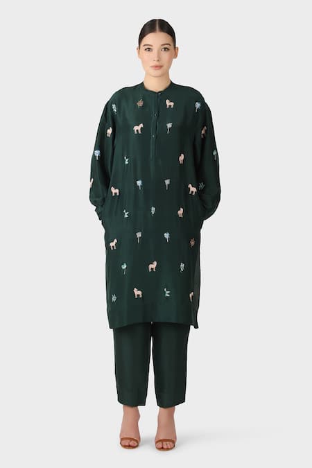 Laite Green Silk Embroidery Bandeau Neck Resham Straight Kurta Pant Set 