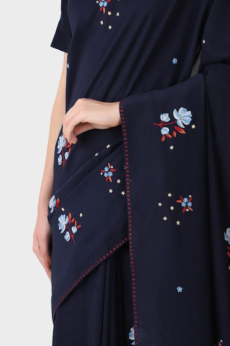 Shop_Laite_Blue Silk Embroidery Reshma Hand Saree _at_Aza_Fashions