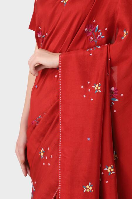 Shop_Laite_Red Silk Embroidery Floral Resham Hand Saree _at_Aza_Fashions