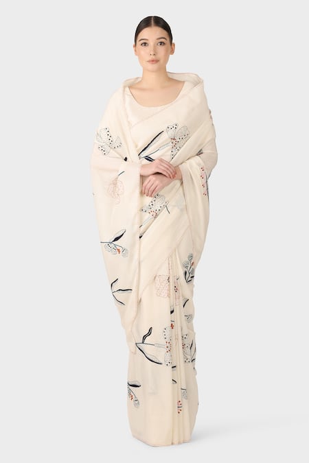 LAITE Contrast Floral Hand Embroidered Saree 