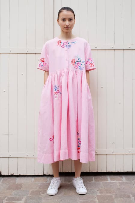 Laite Pink Cotton, Linen Embroidery Round Neck Celeste Tuberose Bouquet Dress