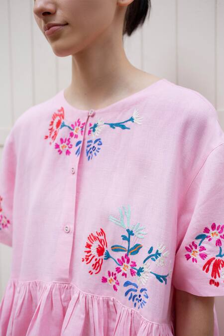 Laite_Pink Cotton, Linen Embroidery Round Neck Celeste Tuberose Bouquet Dress _Online_at_Aza_Fashions