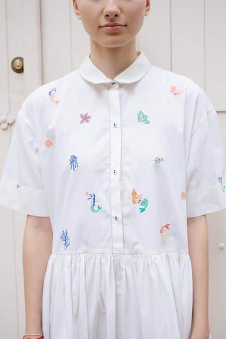 Shop Laite White Cotton Embroidery Collared Cleo Mermaid Pattern Dress at Aza Fashions Shop_Laite_White Cotton Embroidery Collared Cleo Mermaid Pattern Dress _at_Aza_Fashions