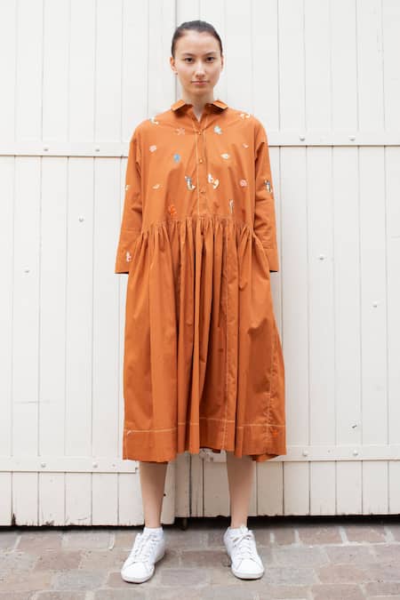 Laite Brown Cotton Embroidery Shawl Neck Cleo Marine Thread Dress