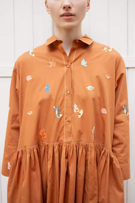 Laite_Brown Cotton Embroidery Shawl Neck Cleo Marine Thread Dress _Online_at_Aza_Fashions