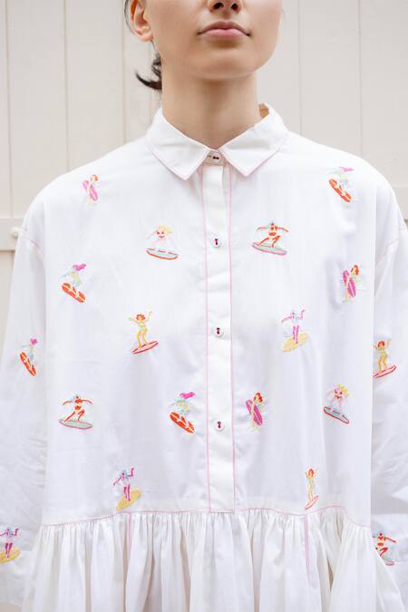 Laite_White Cotton Embroidery Shawl Neck Cleo Surfer Dress _Online_at_Aza_Fashions