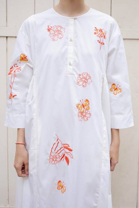 Laite_White Cotton Embroidery Round Neck Cloche Floral Scatter Dress _Online_at_Aza_Fashions