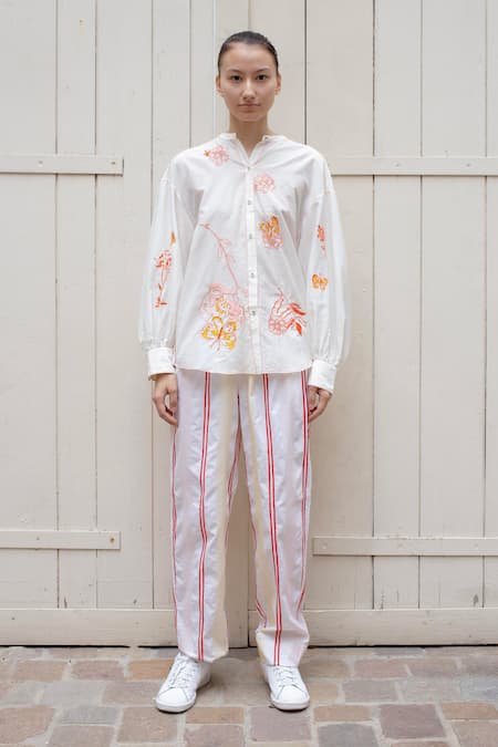 Shop Laite White Silk, Cotton Embroidery Bandeau Neck Calm Butterfly Shirt at Aza Fashions Shop_Laite_White Silk, Cotton Embroidery Bandeau Neck Calm Butterfly Shirt _at_Aza_Fashions