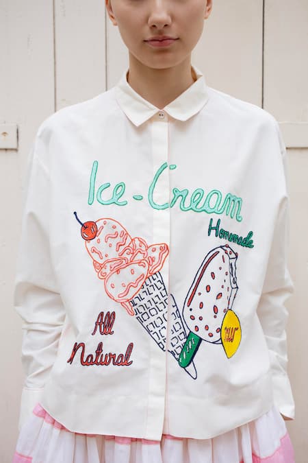Laite White Silk, Cotton Embroidery Collared Caryn Ice Cream Shirt Online at Aza Fashions Laite_White Silk, Cotton Embroidery Collared Caryn Ice Cream Shirt _Online_at_Aza_Fashions