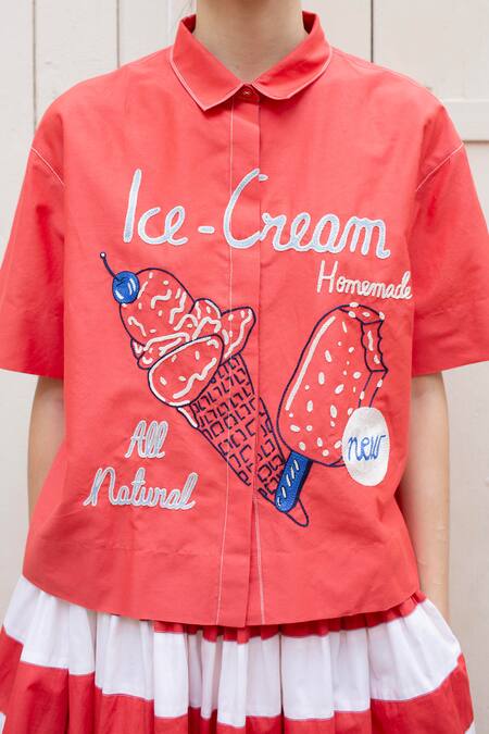 Laite_Coral Silk, Cotton Embroidery Shawl Neck Caryn Calligraphy Shirt _Online_at_Aza_Fashions