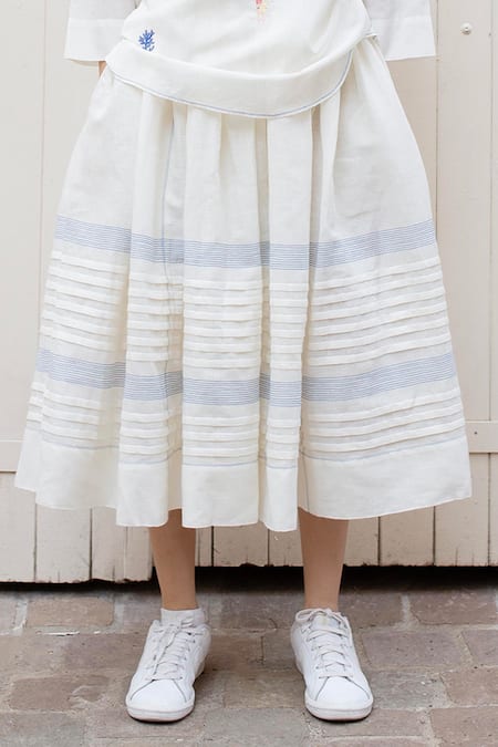 Shop_Laite_White 70% Linen Embroidered Running Ciara Pintuck Patterned Skirt  _at_Aza_Fashions