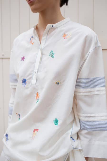 Laite_White Silk, Cotton Embroidery Bandeau Neck Cansu Mermaid Tunic Top _Online_at_Aza_Fashions