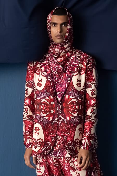 Whencut Goddamn_Red Modal Satin Abstract Pattern Double Breasted Blazer _Online_at_Aza_Fashions