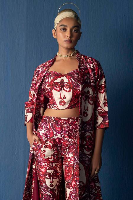 Whencut Goddamn_Red Modal Satin Abstract Figurine Open Pattern Jacket _Online_at_Aza_Fashions