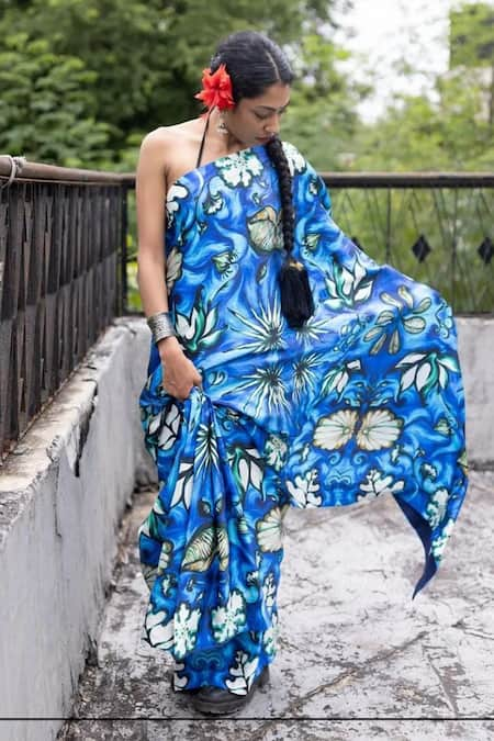 Whencut Goddamn Blue Modal Satin Printed Floral Paradise Awaits Saree 