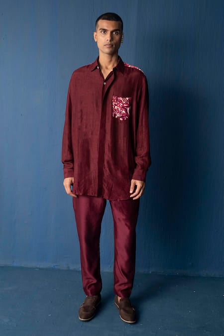 Whencut Goddamn Maroon Modal Satin Printed Abstract Seen It All Shirt 