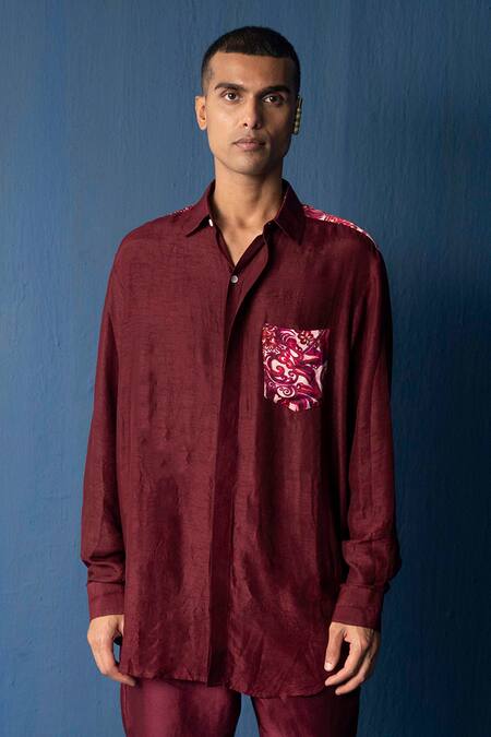 Whencut Goddamn_Maroon Modal Satin Printed Abstract Seen It All Shirt _Online_at_Aza_Fashions