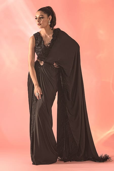 Buy_Label Astha Chhabra_Black Satin Embroidery V-neck Pre-draped Buckle Saree With Embellished Blouse _Online_at_Aza_Fashions