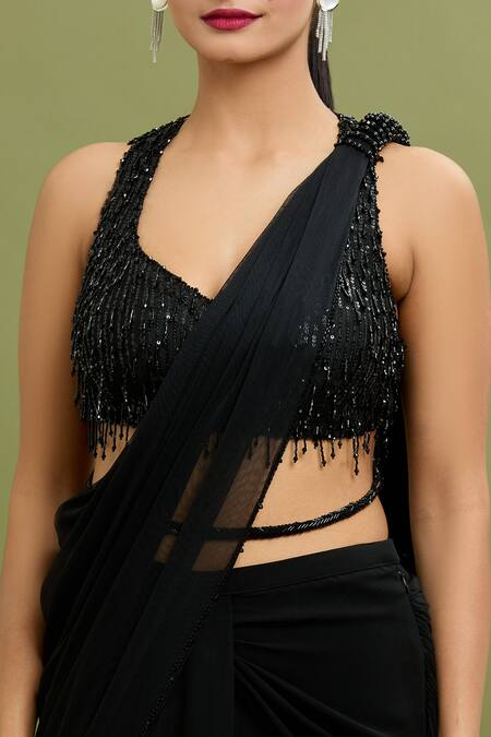 Shop_Arpan Vohra_Black Georgette Sequins, Waterfall Pre-draped Saree With Embroidered Blouse _Online_at_Aza_Fashions