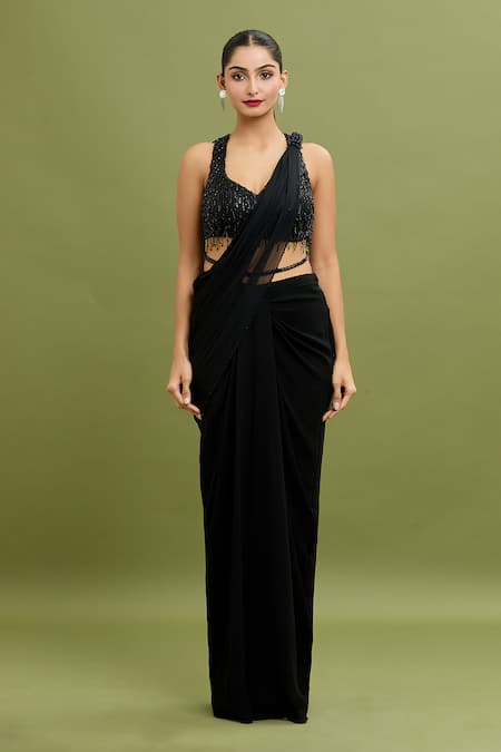 Arpan Vohra_Black Georgette Sequins, Waterfall Pre-draped Saree With Embroidered Blouse _at_Aza_Fashions