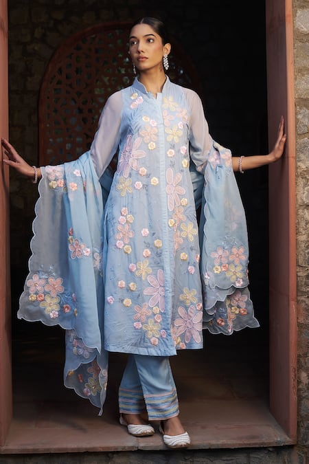 Sonia Khatri Blue Organza Applique Floral Stand Collar Celestial Kurta Pant Set