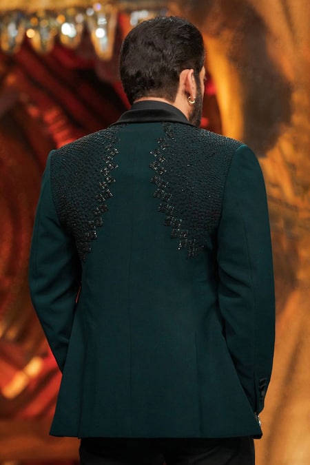 Shop_Rohit Gandhi + Rahul Khanna_Green Crepe Sequins Pinwheel Galactic Tuxedo And Trouser Set _at_Aza_Fashions