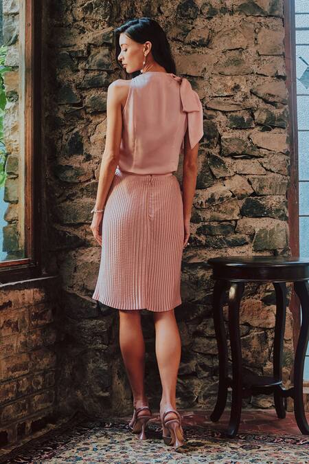 Shop Tara And I Pink Satin, Polyester Neck Tie-up Top at Aza Fashions Shop_Tara And I_Pink Satin, Polyester Neck Tie-up Top_at_Aza_Fashions