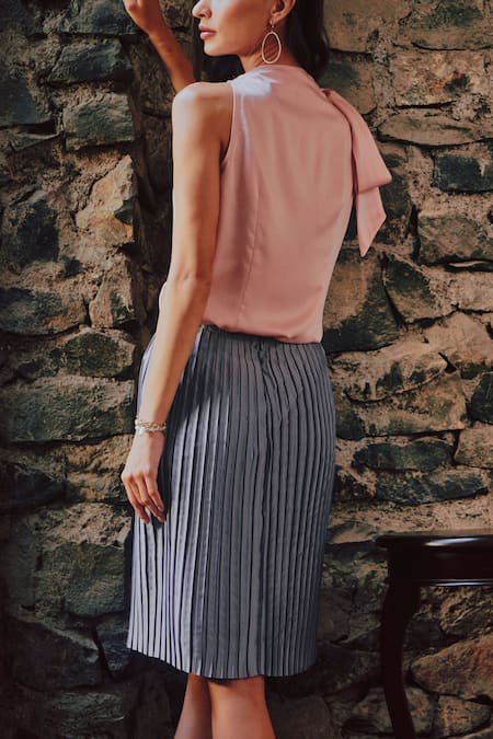 Tara And I Pink Satin, Polyester Neck Tie-up Top at Aza Fashions Tara And I_Pink Satin, Polyester Neck Tie-up Top_at_Aza_Fashions