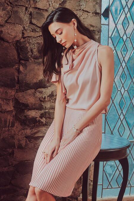 Tara And I Pink Satin, Polyester Pleated Skirt Online at Aza Fashions Tara And I_Pink Satin, Polyester Pleated Skirt_Online_at_Aza_Fashions