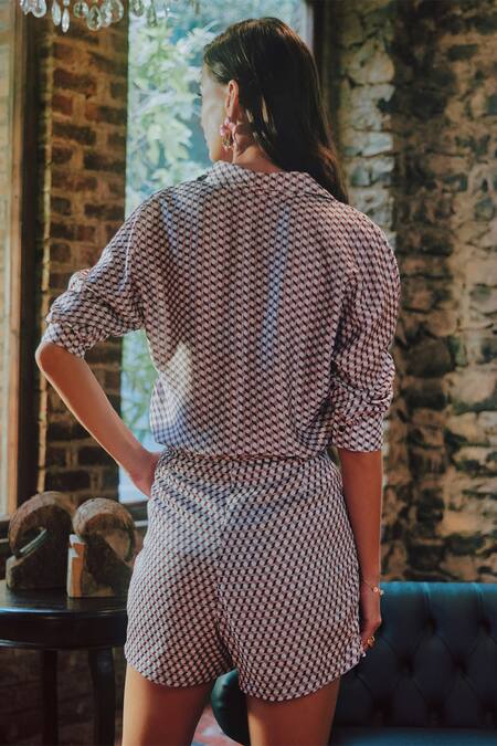 Shop Tara And I Multi Color Modal, Satin Collared Button Down Geometric Print Shirt at Aza Fashions Shop_Tara And I_Multi Color Modal, Satin Collared Button Down Geometric Print Shirt_at_Aza_Fashions