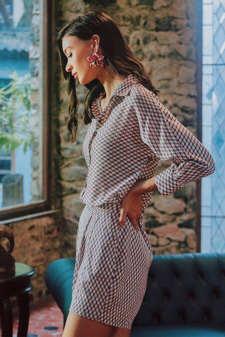 Tara And I Multi Color Modal, Satin Collared Button Down Geometric Print Shirt Online at Aza Fashions Tara And I_Multi Color Modal, Satin Collared Button Down Geometric Print Shirt_Online_at_Aza_Fashions