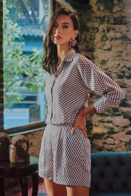 Tara And I Multi Color Modal, Satin Geometric Print Shorts Online at Aza Fashions Tara And I_Multi Color Modal, Satin Geometric Print Shorts_Online_at_Aza_Fashions