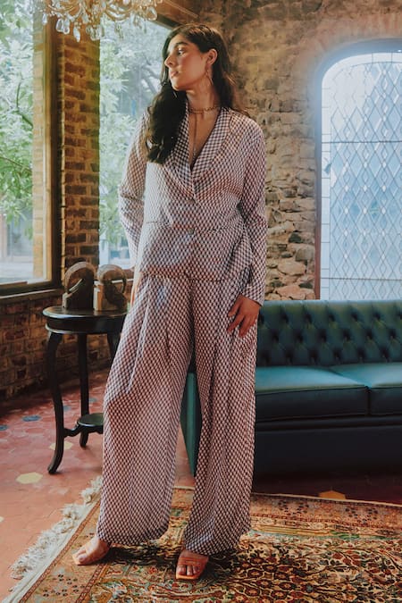 Shop_Tara And I_Multi Color Modal, Satin Geometric Print Blazer_Online_at_Aza_Fashions