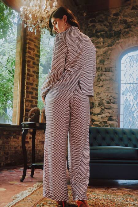 Shop Tara And I Multi Color Modal, Satin Geometric Print Trouser at Aza Fashions Shop_Tara And I_Multi Color Modal, Satin Geometric Print Trouser_at_Aza_Fashions