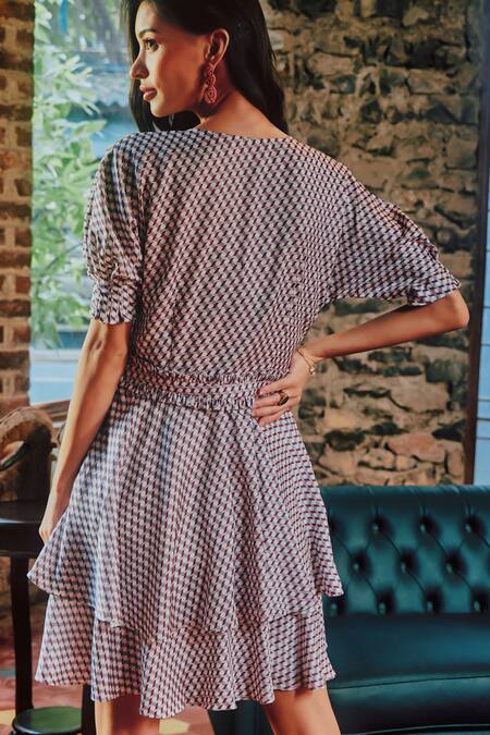 Shop Tara And I Multi Color Modal, Satin V-neck Tiered Dress at Aza Fashions Shop_Tara And I_Multi Color Modal, Satin V-neck Tiered Dress_at_Aza_Fashions