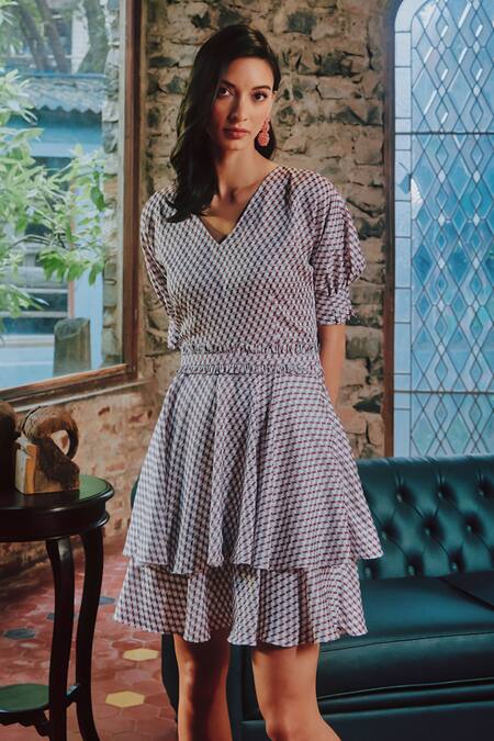 Buy Tara And I Multi Color Modal, Satin V-neck Tiered Dress Online at Aza Fashions Buy_Tara And I_Multi Color Modal, Satin V-neck Tiered Dress_Online_at_Aza_Fashions