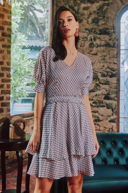 Shop Tara And I Multi Color Modal, Satin V-neck Tiered Dress Online at Aza Fashions Shop_Tara And I_Multi Color Modal, Satin V-neck Tiered Dress_Online_at_Aza_Fashions