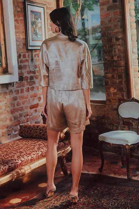 Shop_Tara And I_Gold Polyester Open Neck Bolero Short Jacket _at_Aza_Fashions