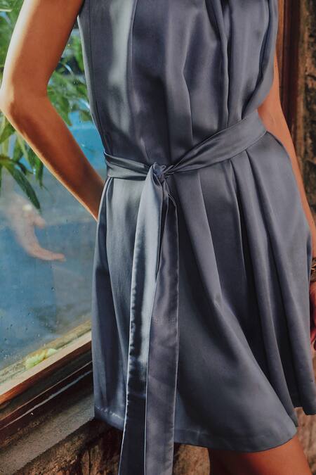 Tara And I Purple Satin, Polyester High Neck Pleated Dress Online at Aza Fashions Tara And I_Purple Satin, Polyester High Neck Pleated Dress_Online_at_Aza_Fashions