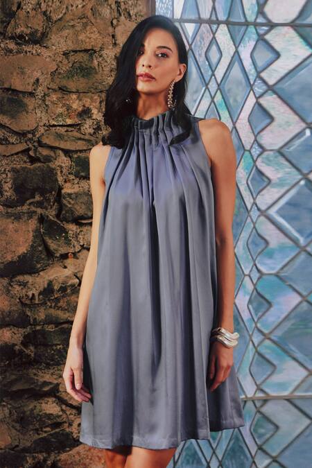 Shop Tara And I Purple Satin, Polyester High Neck Pleated Dress Online at Aza Fashions Shop_Tara And I_Purple Satin, Polyester High Neck Pleated Dress_Online_at_Aza_Fashions