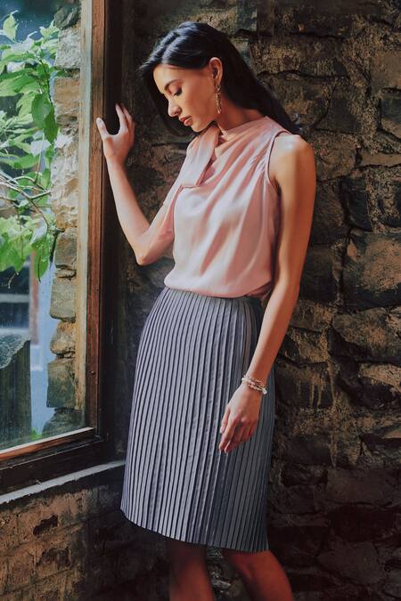 Shop_Tara And I_Purple Satin, Polyester Pleated Skirt_Online_at_Aza_Fashions