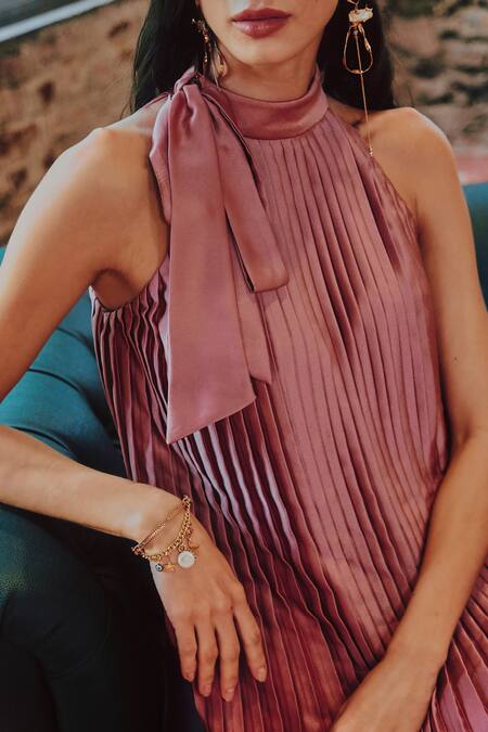 Buy_Tara And I_Pink Satin, Polyester High Neck, Collared Sleeveless Dress_Online_at_Aza_Fashions