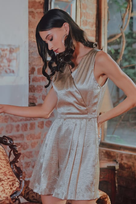 Tara And I_Gold Polyester High Neck Overlap Romper _Online_at_Aza_Fashions
