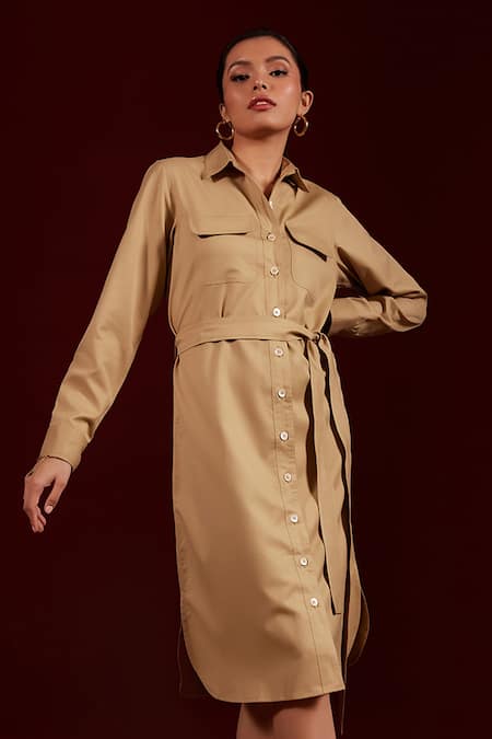 Tara And I Beige Viscose, Polyester Collared Double Pocket Shirt Dress With Belt Online at Aza Fashions Tara And I_Beige Viscose, Polyester Collared Double Pocket Shirt Dress With Belt_Online_at_Aza_Fashions