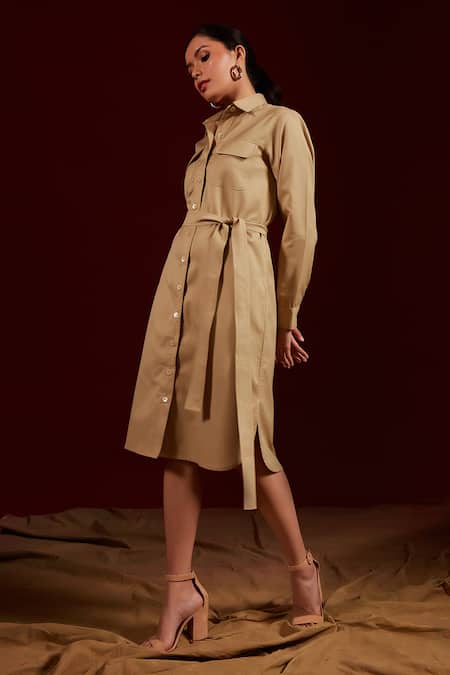 Buy Tara And I Beige Viscose, Polyester Collared Double Pocket Shirt Dress With Belt Online at Aza Fashions Buy_Tara And I_Beige Viscose, Polyester Collared Double Pocket Shirt Dress With Belt_Online_at_Aza_Fashions