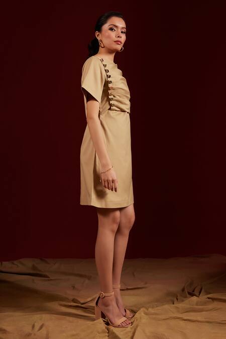Tara And I_Beige Viscose, Polyester Boat Neck Side Placket Shift Dress_Online_at_Aza_Fashions