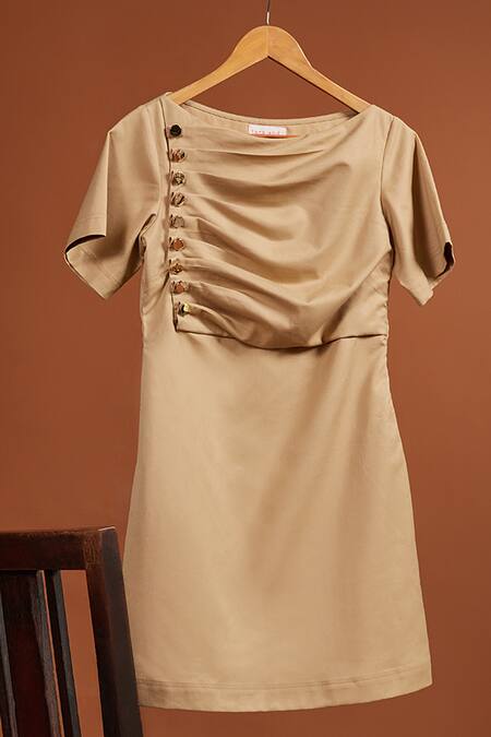 Buy_Tara And I_Beige Viscose, Polyester Boat Neck Side Placket Shift Dress_Online_at_Aza_Fashions