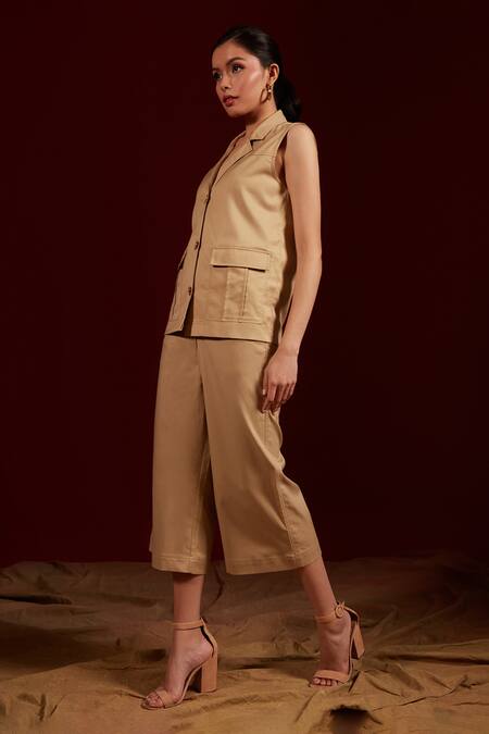 Tara And I_Beige Viscose, Polyester Plain Flared Cropped Pant_Online_at_Aza_Fashions