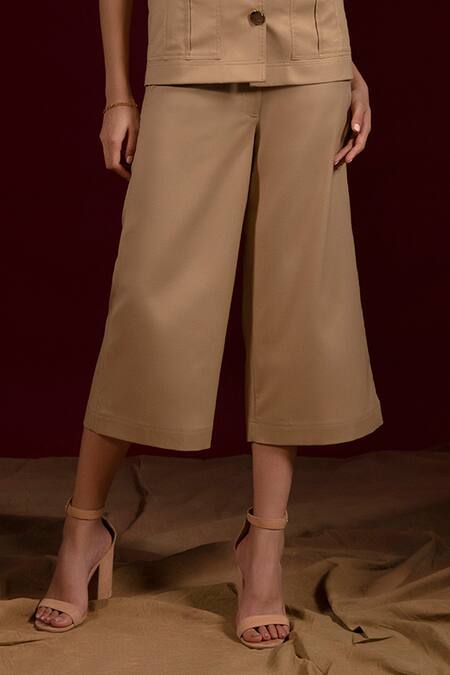 Buy_Tara And I_Beige Viscose, Polyester Plain Flared Cropped Pant_Online_at_Aza_Fashions